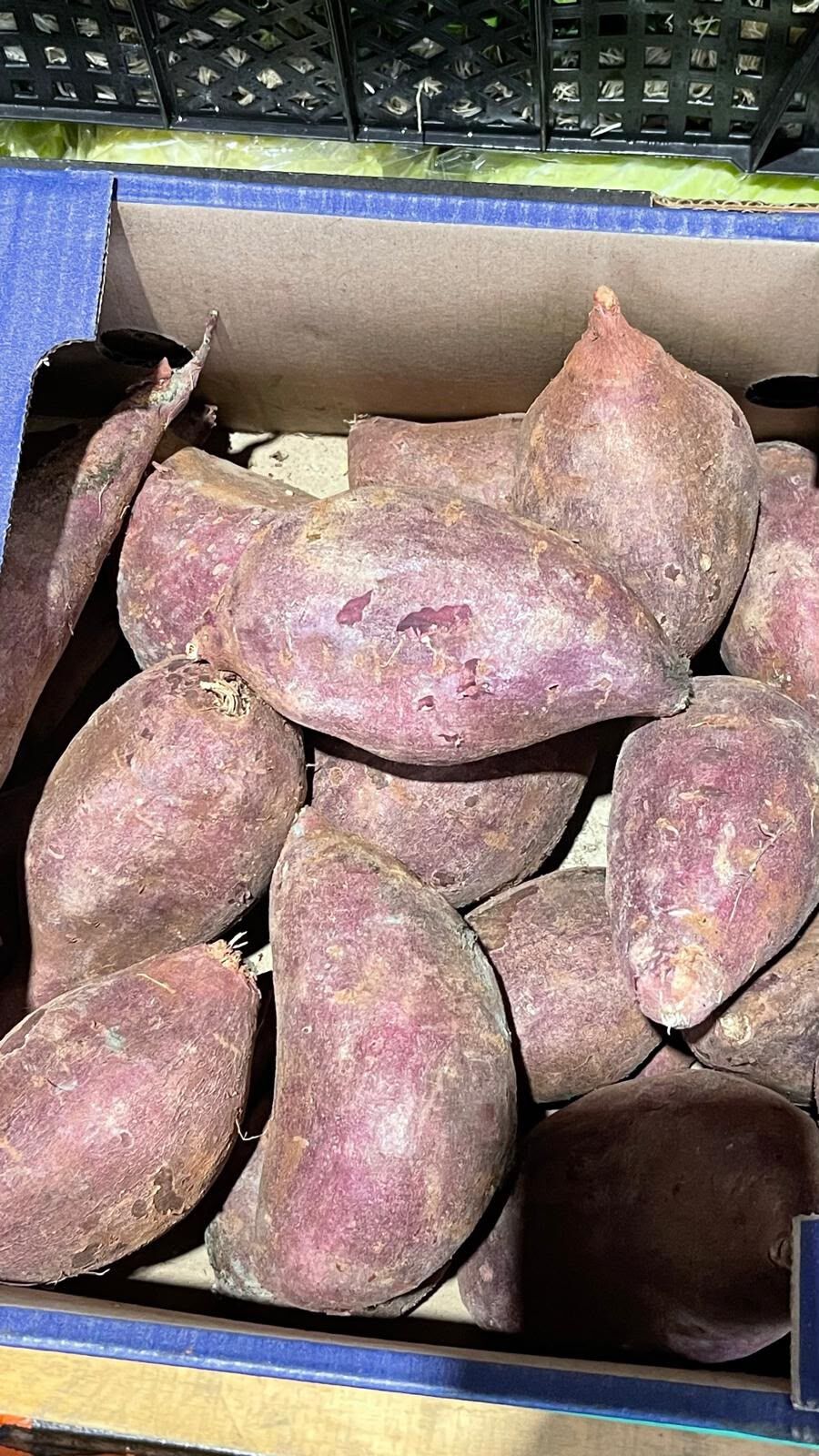 Box of fresh purple sweet potatoes