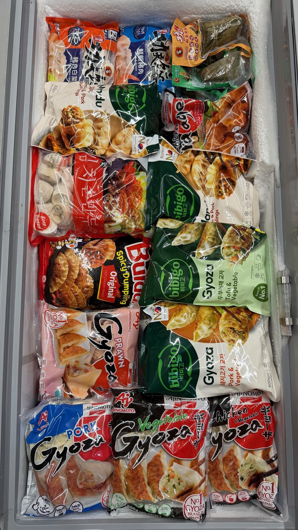 Chest freezer packed with gyoza and dumpling bags