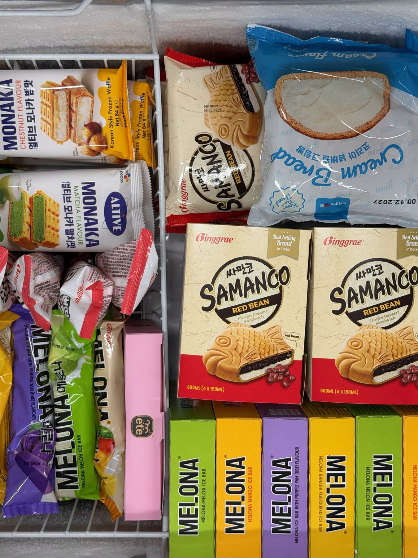 Freezer of Melona ice bars, Samanco red bean ice cream and Monaka wafer sandwiches
